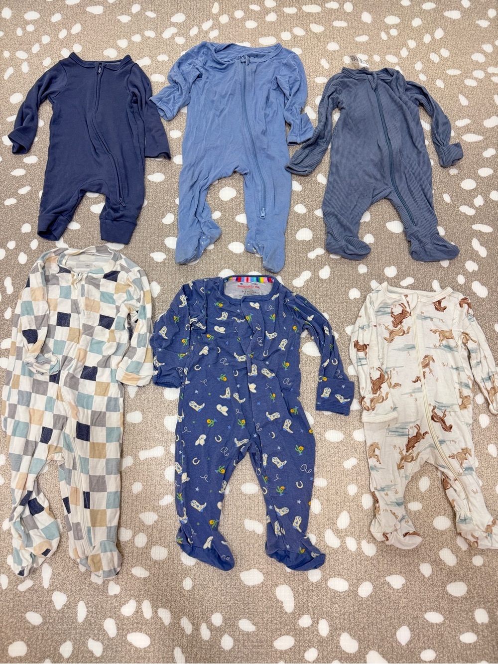 Lot of 6 bamboo footies zippy newborn baby boy dusty slate navy horses western